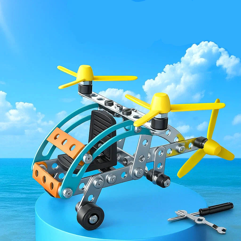 Metal aircraft model with twin yellow top propellers, a rear propeller, teal frame, and wheels