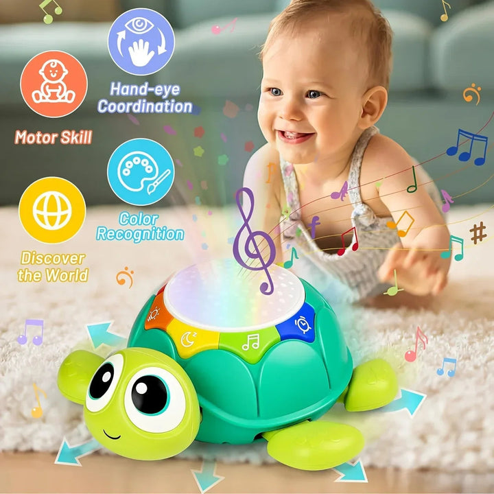 Baby reaching toward a glowing turtle crawling toy with colorful light effects
