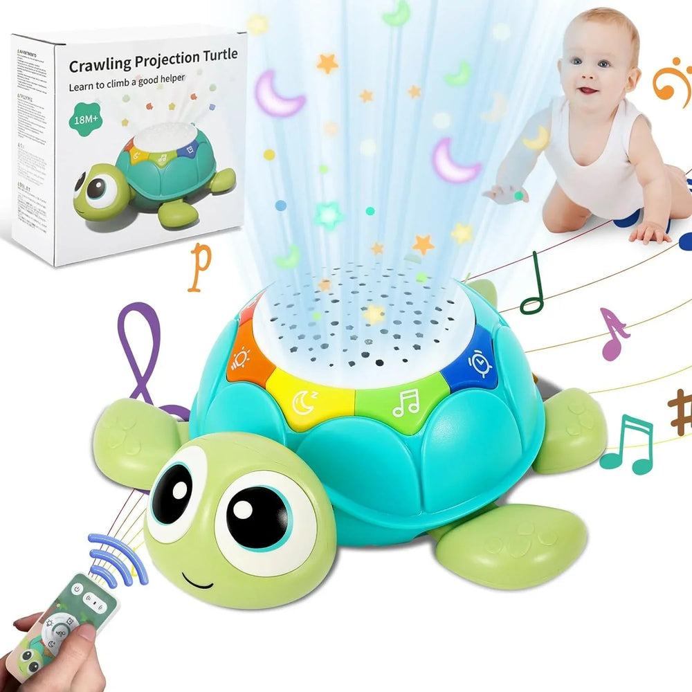 Turtle crawling toy pictured with a remote control, a crawling baby, and its packaging