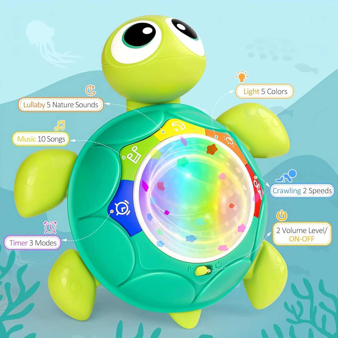 Turtle toy feature diagram showing songs, nature sounds, light colors, crawling speeds, volume, and timer modes