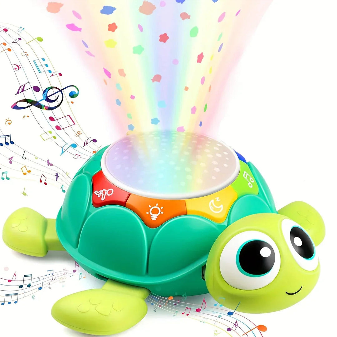 Turtle toy shown projecting colorful star patterns with illustrated music notes