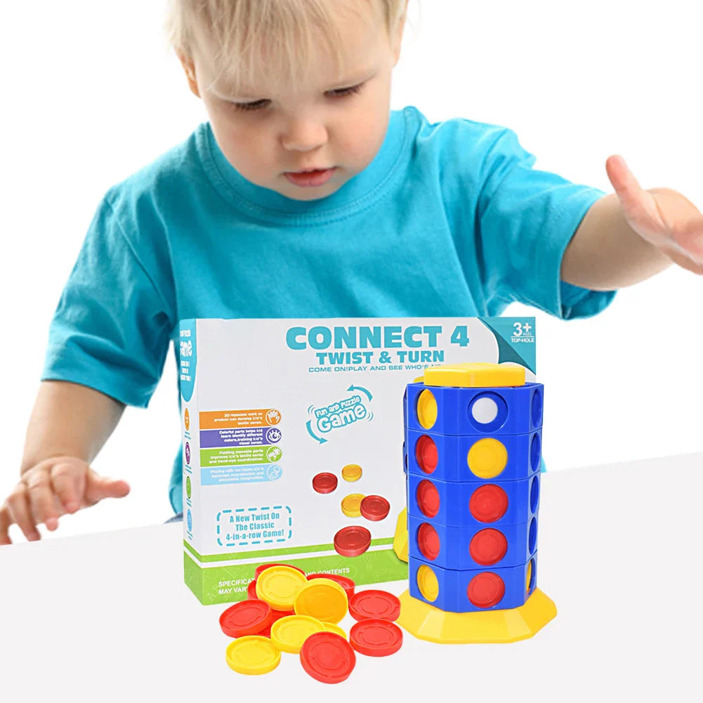 Child playing beside a blue four-in-a-row tower with red and yellow counters and a game box.