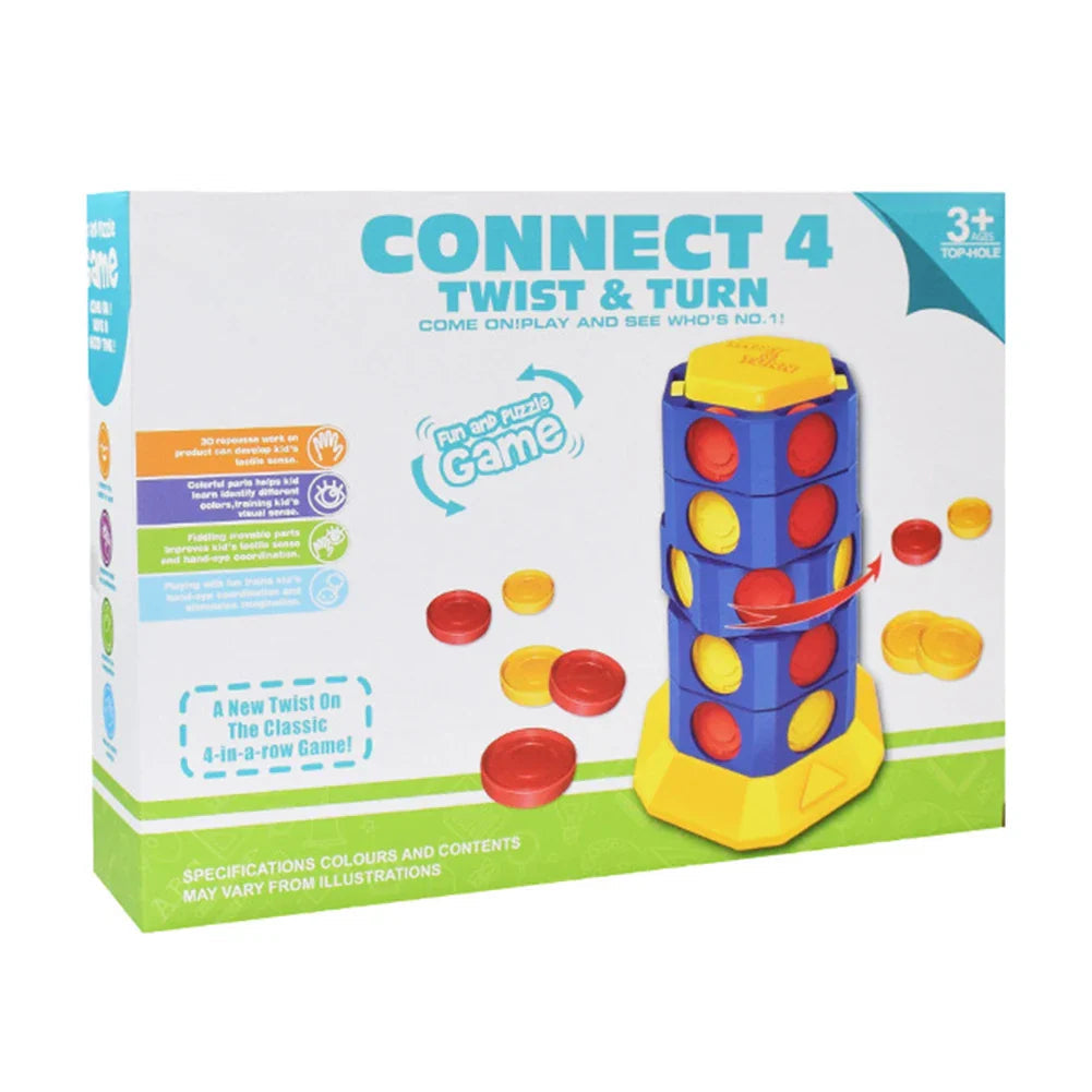 Box for a rotating tower board game showing a blue tower with red and yellow counters.