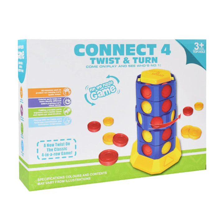Box for a rotating tower board game showing a blue tower with red and yellow counters.
