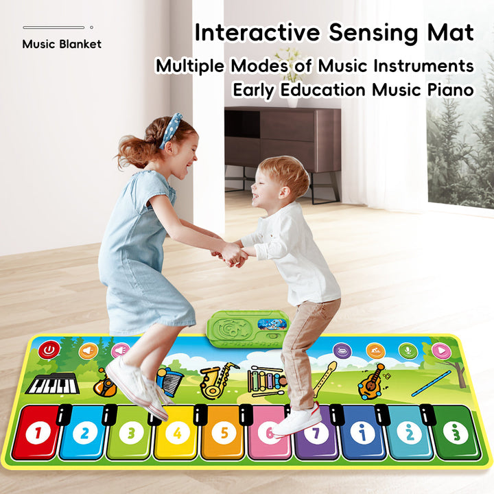 Two children holding hands while stepping on a colorful musical play mat