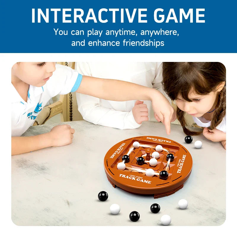 Two children playing a marble strategy game together at a table
