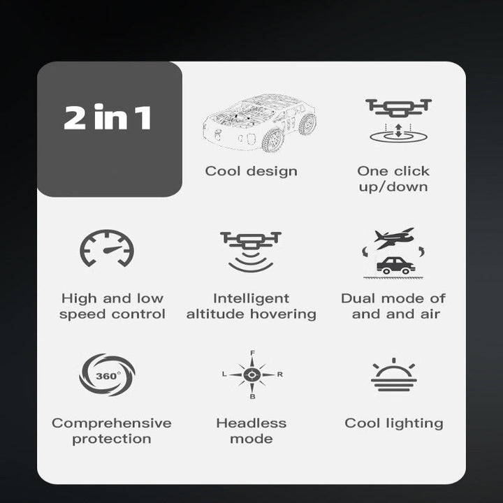 Feature chart for the 2-in-1 RC car and drone showing speed, hover, lighting, and control modes