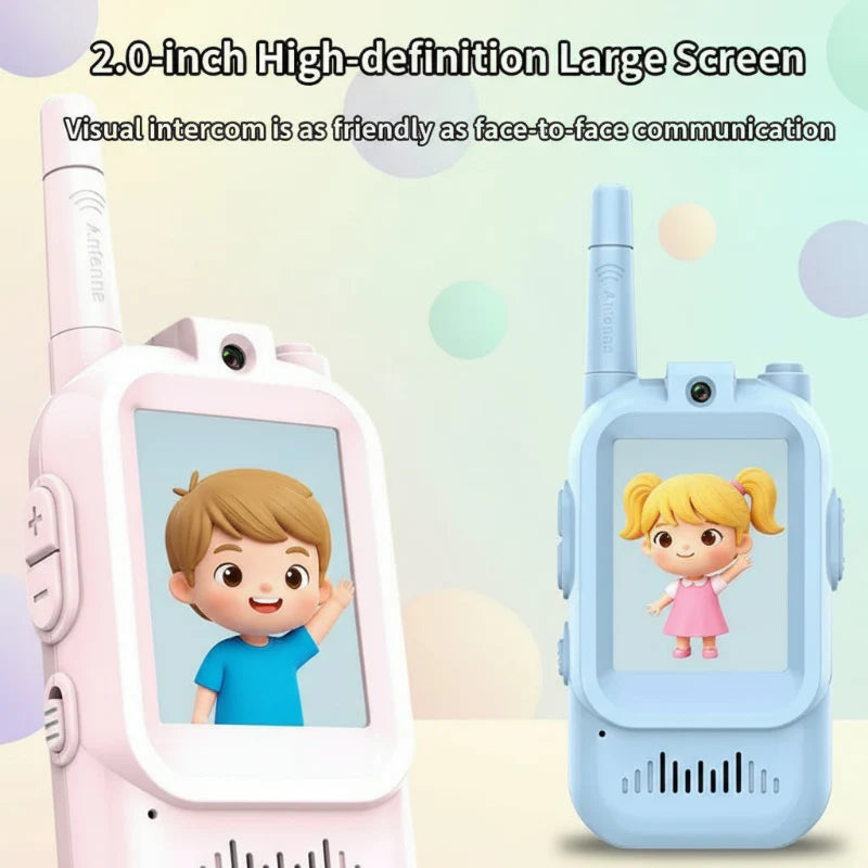 Pink and blue video intercoms illustrating the 2-inch displays
