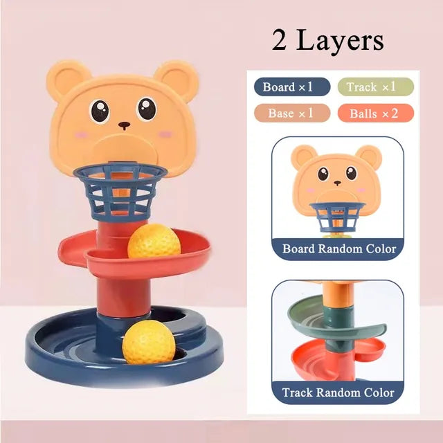 Two-layer ball-drop setup shown with one track, one base, a bear topper, and two balls