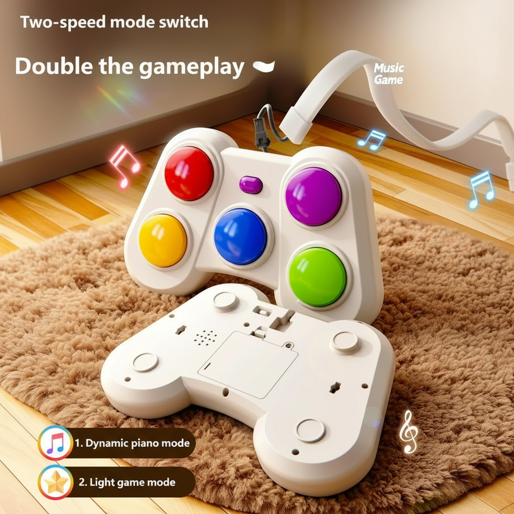 Front and rear views of the two-mode game controller showing colored buttons and the battery compartment