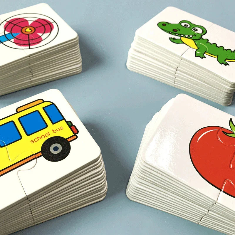 Stacks of two-piece puzzle cards featuring a fan, crocodile, school bus, and tomato