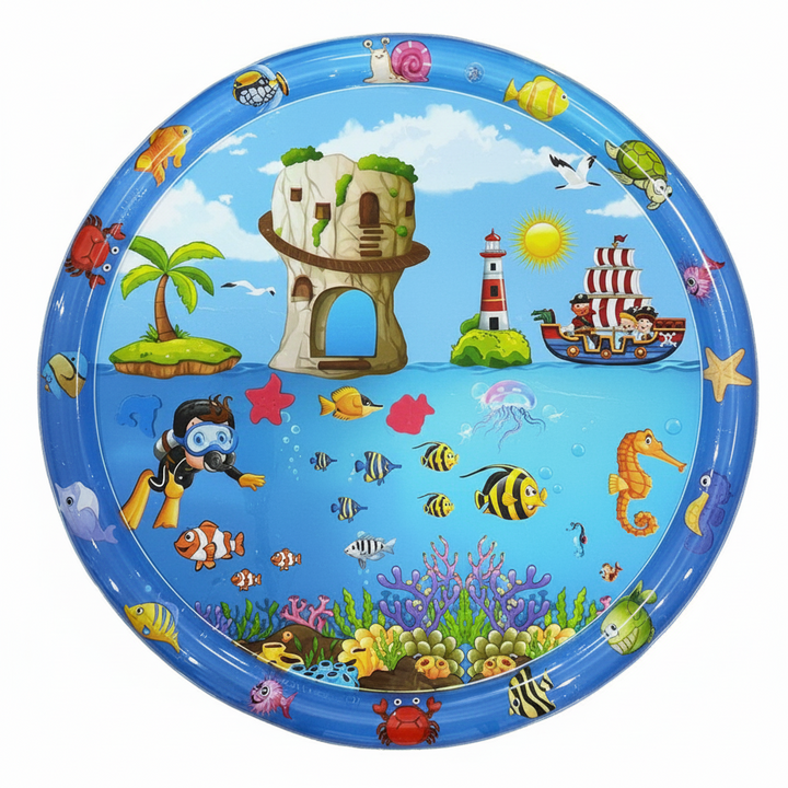 Round underwater adventure water mat with a diver, lighthouse, sailing ship, and sea animals