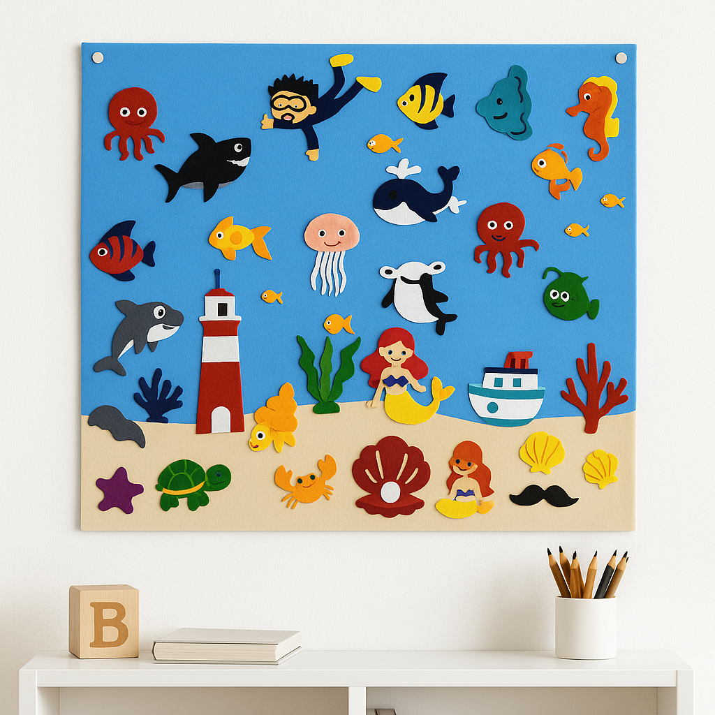 Underwater felt board with sea creatures, a diver, and a lighthouse above a desk