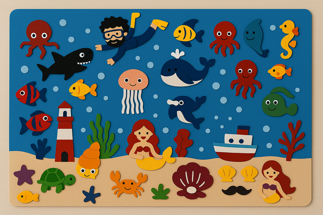 Underwater felt board with fish, whales, octopuses, mermaids, and a lighthouse