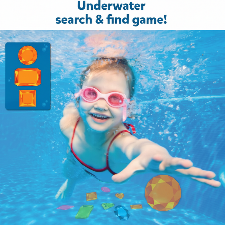 Underwater search-and-find game graphic with a swimmer and an orange gem matching card.
