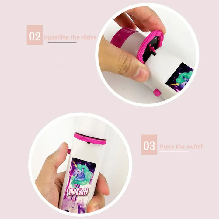 Hands inserting a slide disc and pressing the button on a unicorn projection flashlight