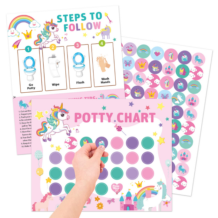 Unicorn potty training chart with matching colorful stickers and an illustrated routine guide