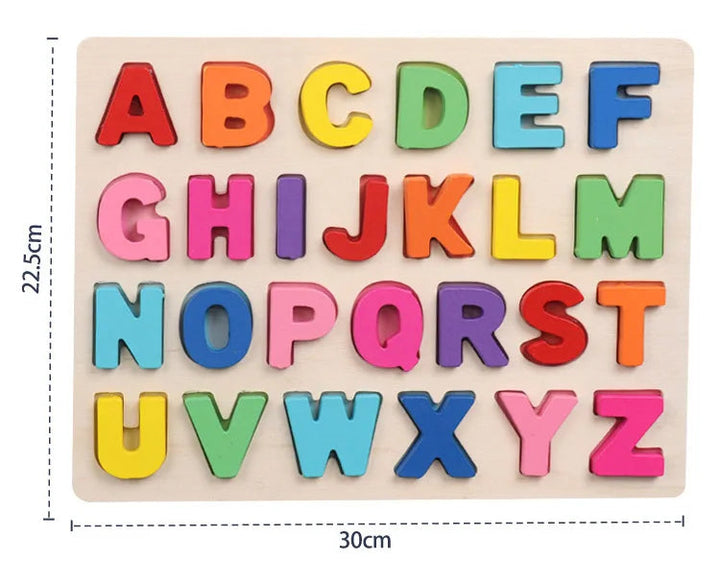 Uppercase alphabet puzzle measurement graphic showing a 30 cm width and 22.5 cm height