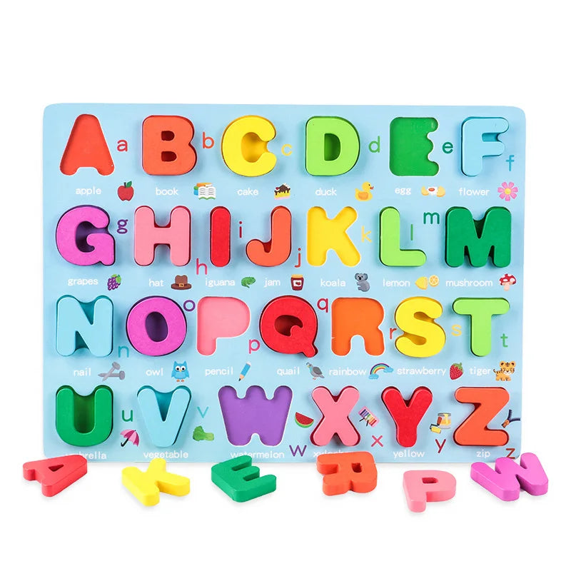 Colorful uppercase wooden alphabet puzzle with several loose letter pieces in front