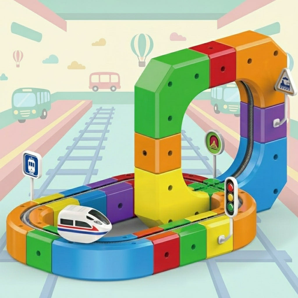 Colorful train route with an upright arch, a white train, and traffic signs