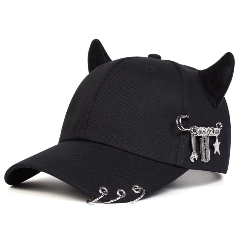Varek Wave Cap — Edgy Horn Accent Hat with Metal Details (Black ) - | Zavonix