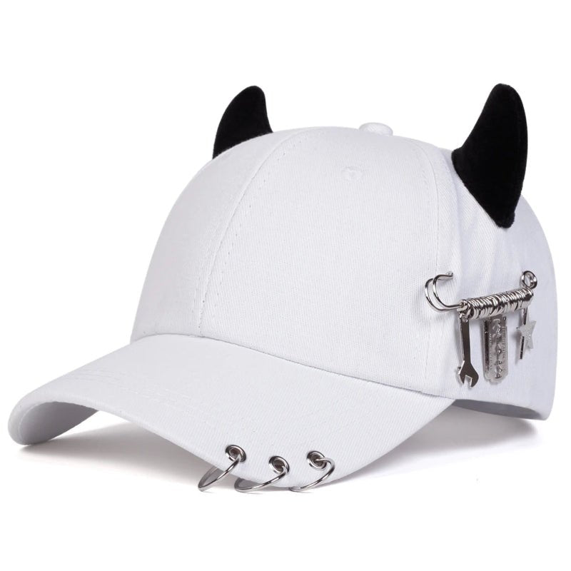 Varek Wave Cap — Edgy Horn Accent Hat with Metal Details (White ) - | Zavonix