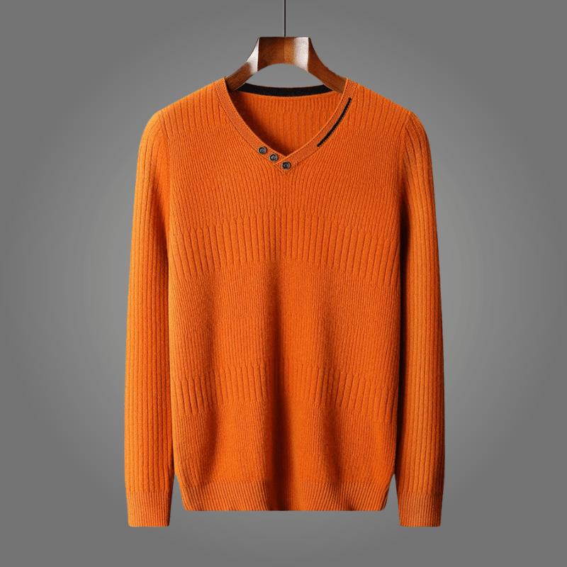 Varlen — Merino Wool V - Neck Sweater with Button Detail (Orange S) - | Zavonix
