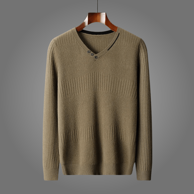 Varlen — Merino Wool V - Neck Sweater with Button Detail (Green S) - | Zavonix