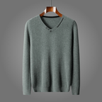 Varlen — Merino Wool V - Neck Sweater with Button Detail (Olive Grey S) - | Zavonix
