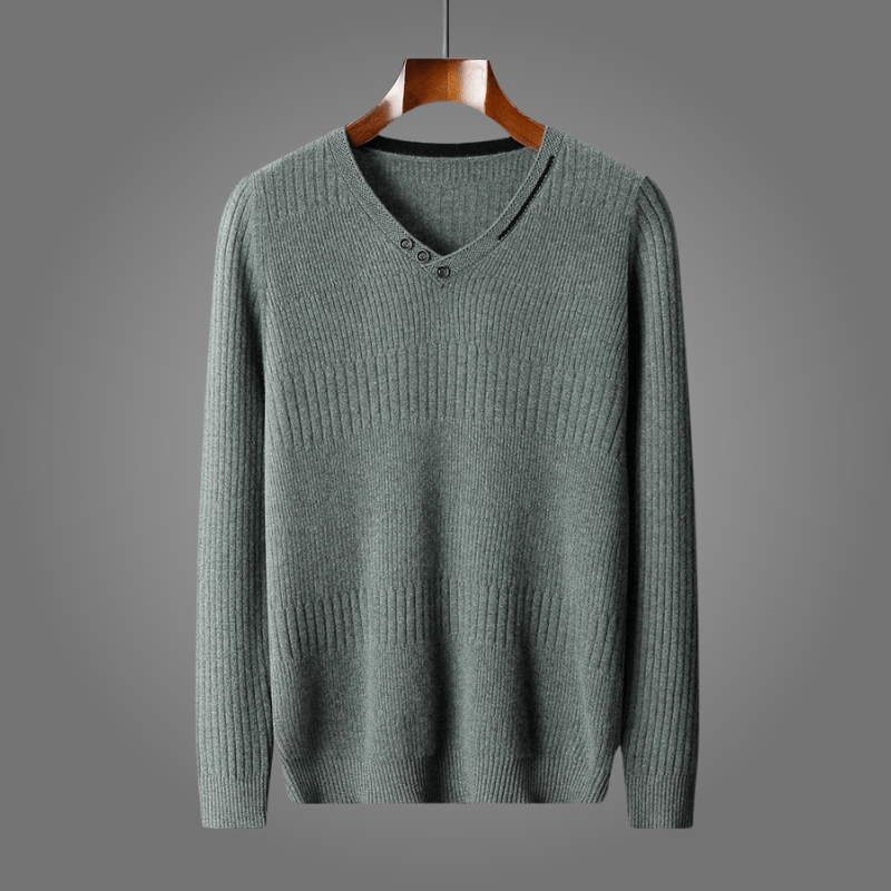 Varlen — Merino Wool V - Neck Sweater with Button Detail (Olive Grey S) - | Zavonix