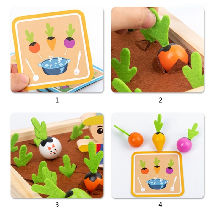 Four-panel play guide showing a picture card, vegetable harvesting, and matching colorful vegetables