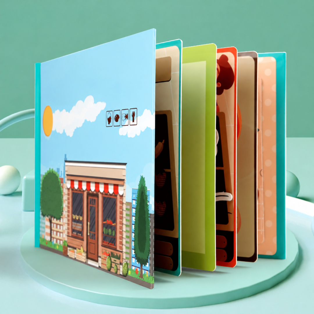 Vegetable learning book standing open with colorful pages
