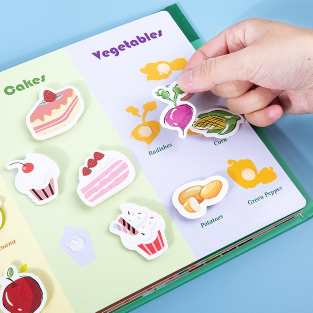 Hand placing a vegetable picture piece on a colorful matching page