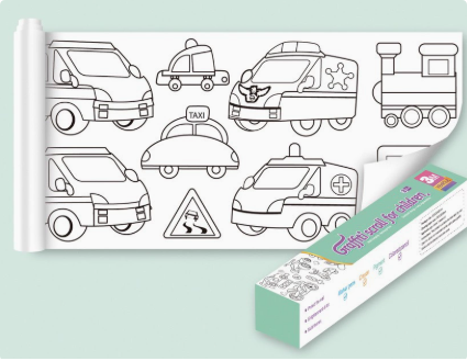 Vehicle-pattern coloring roll beside its mint-green box