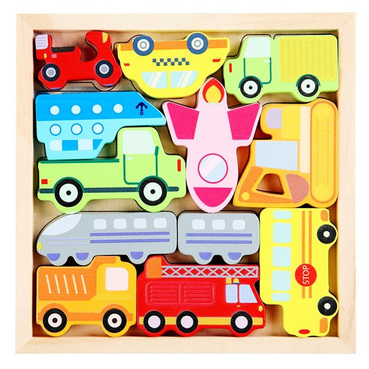 Wooden vehicle puzzle with colorful car, truck, bus, airplane, and train pieces