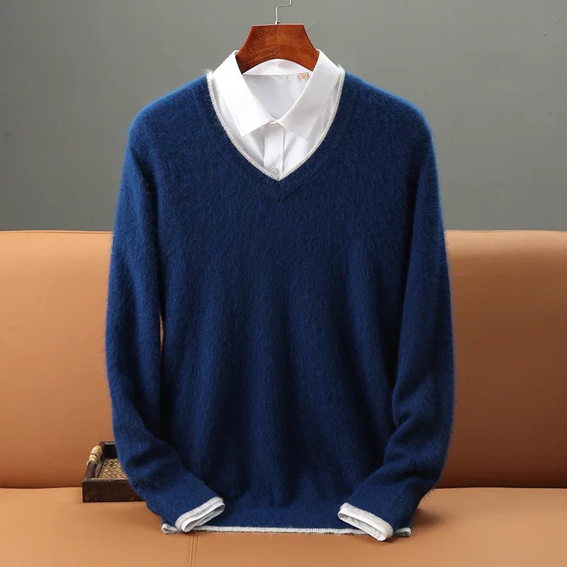 Velora — V - Neck Cashmere Mink Sweater with Soft Warmth (Blue XS) - | Zavonix