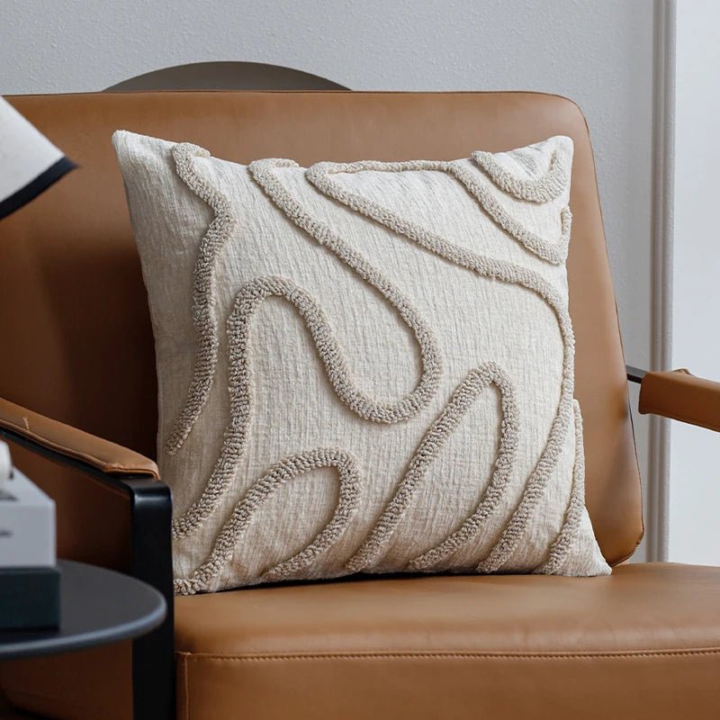 VeluraWave™ Plush Decorative Pillow – 18 Square Ivory Chenille with Abstract Design 0