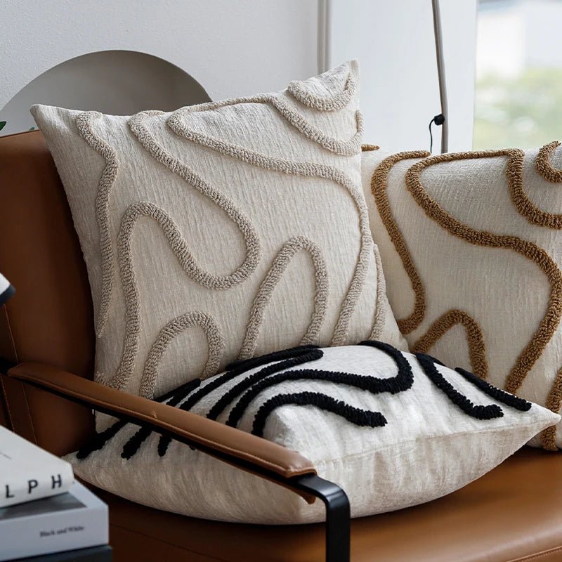 VeluraWave™ Plush Decorative Pillow – 18 Square Ivory Chenille with Abstract Design 2
