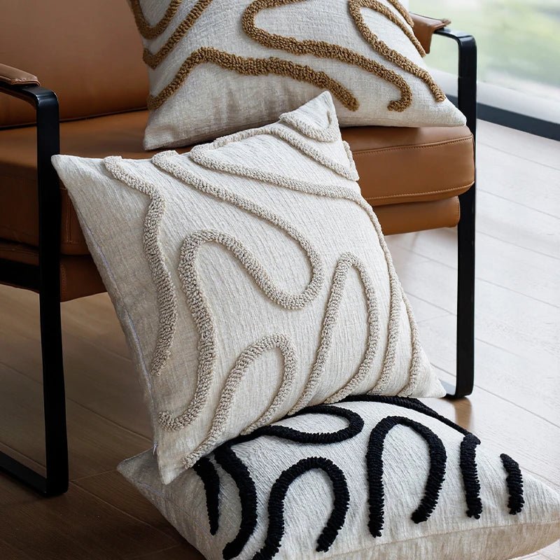 VeluraWave™ Plush Decorative Pillow – 18 Square Ivory Chenille with Abstract Design 3