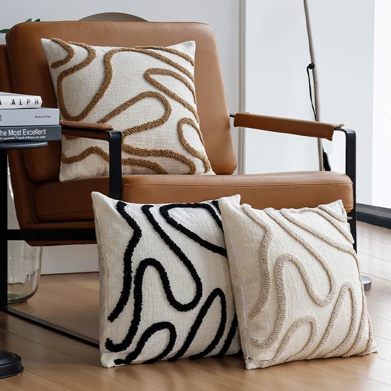 VeluraWave™ Plush Decorative Pillow – 18 Square Ivory Chenille with Abstract Design 1