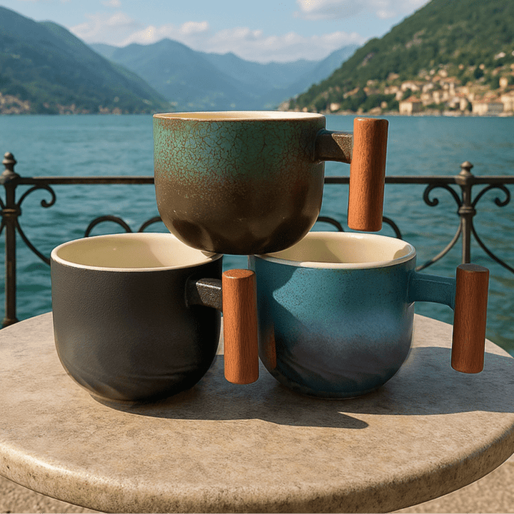 Vintage Ceramic Coffee Cup with Wooden Handle – 180ml Capacity for Cappuccinos, Handcrafted Design 4