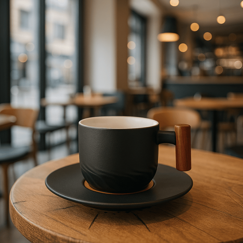 Vintage Ceramic Coffee Cup with Wooden Handle – 180ml Capacity for Cappuccinos, Handcrafted Design 1