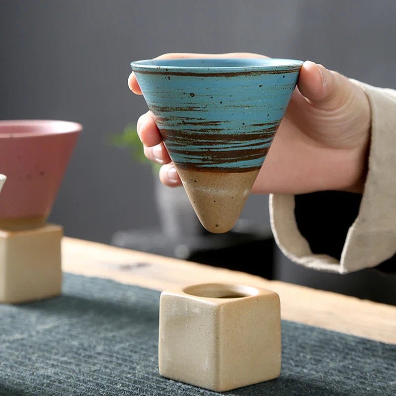 Vintage Cone Shaped Ceramic Espresso Cups Set with Holder – Handcrafted Demitasse Mugs for Unique Coffee Experience 2