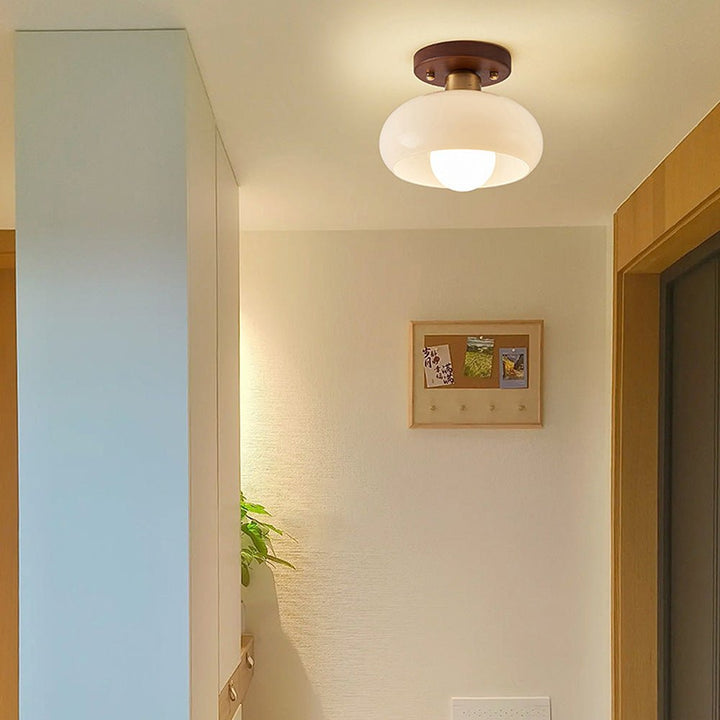 Vintage Glass Ceiling Light with Wood Accents for Hallways and Entryways 0