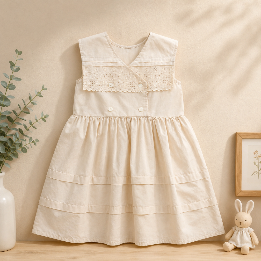 Vintage Lace dress with a V-shaped neckline, lace trim, and a gathered skirt