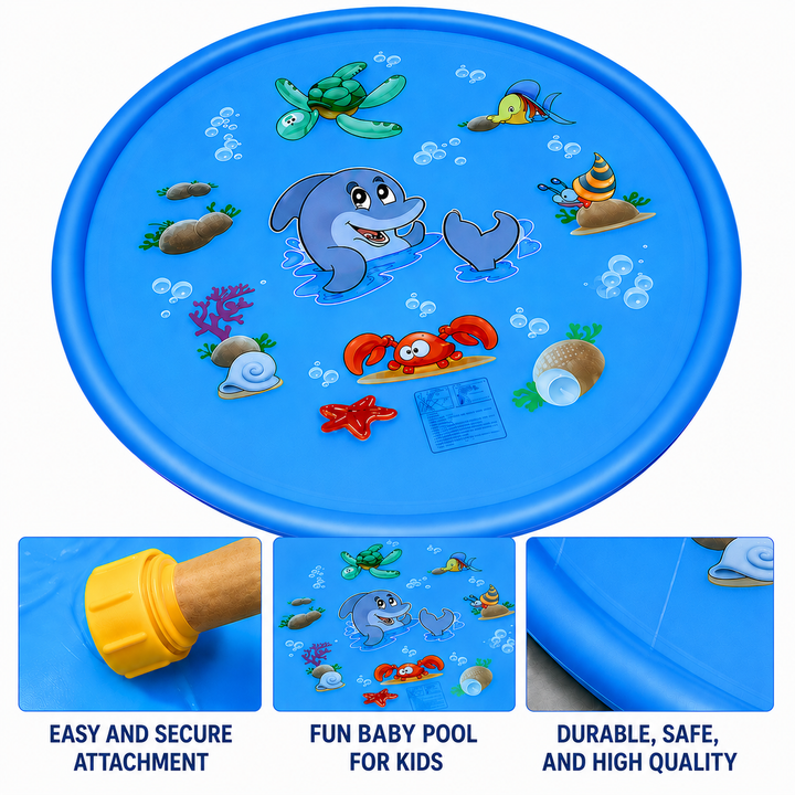 Blue sprinkler mat with close-ups of the hose fitting, sea animal print, and vinyl rim