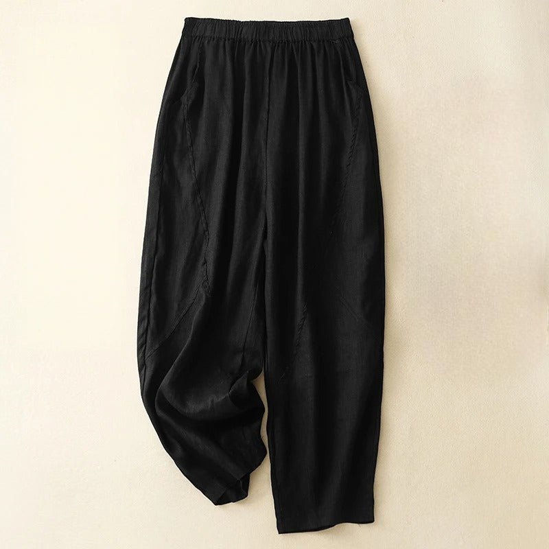 Viora Linen Pants — Lightweight Breathable Tapered Fit with Elastic Waistband (Black XS) - | Zavonix