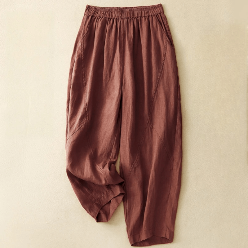 Viora Linen Pants — Lightweight Breathable Tapered Fit with Elastic Waistband (Maroon XS) - | Zavonix