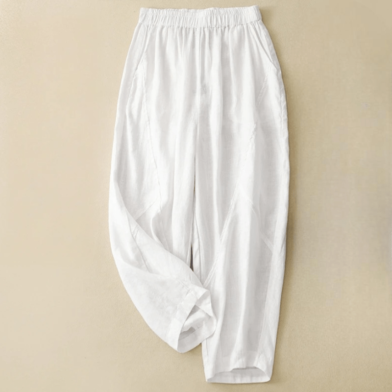 Viora Linen Pants — Lightweight Breathable Tapered Fit with Elastic Waistband (White XS) - | Zavonix