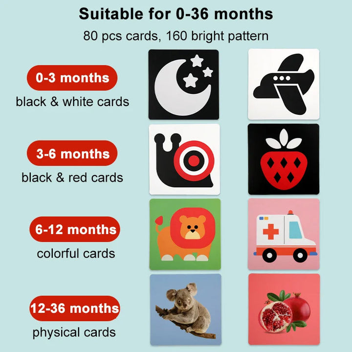 Age-stage visual card guide showing black-and-white, black-and-red, colorful, and photographic designs.